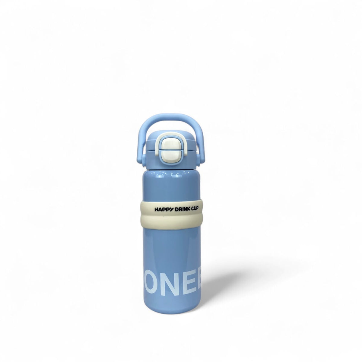 Kids stainless steel water bottle with blue carry handle and blue lid, front view