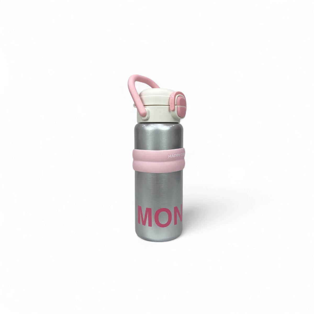 Kids stainless steel water bottle with pink lid and pink carry handle, angled view
