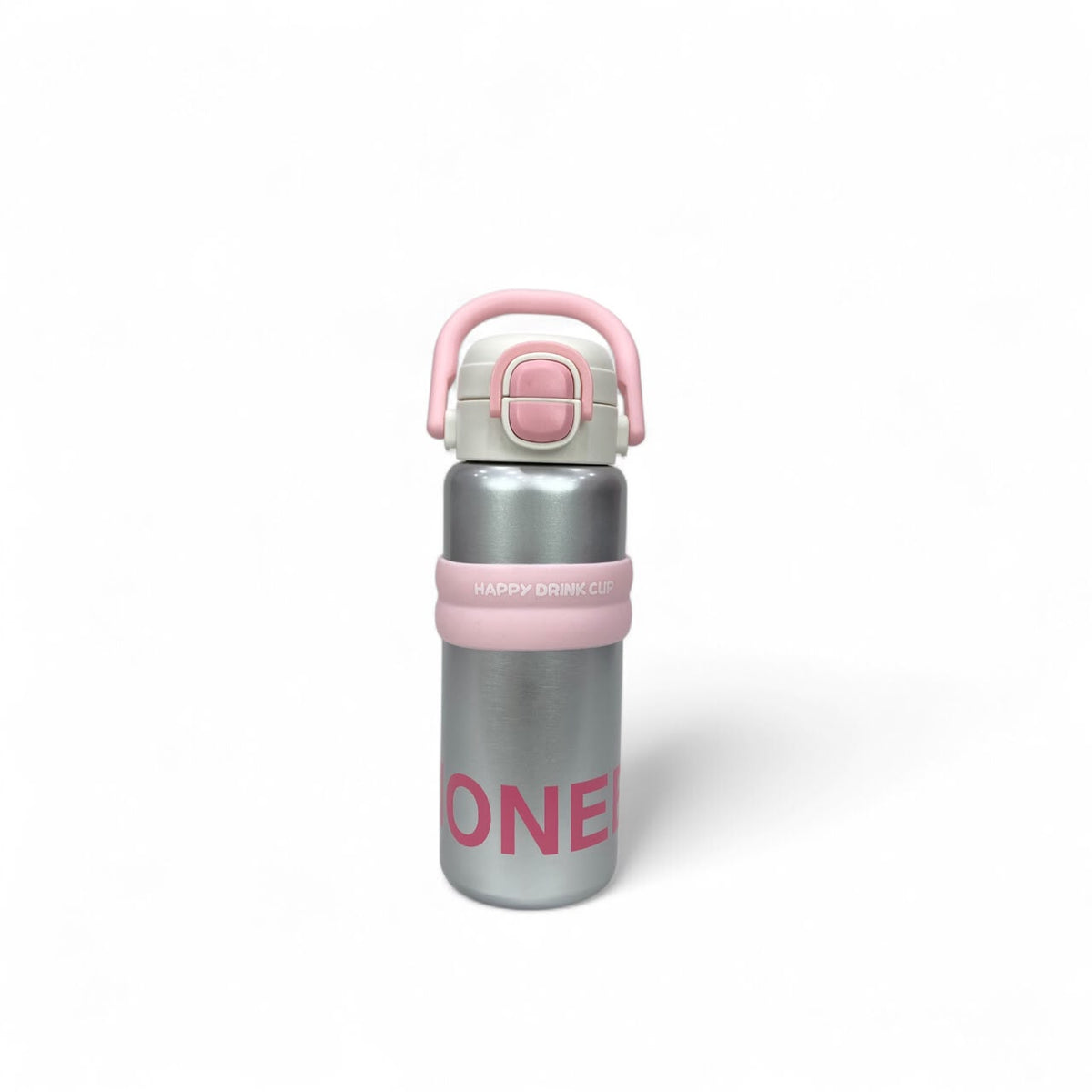 Kids stainless steel water bottle with pink handle and pink-lidded top, side view