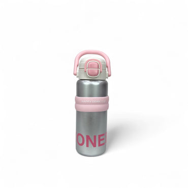 Kids stainless steel water bottle with pink handle and pink-lidded top, side view