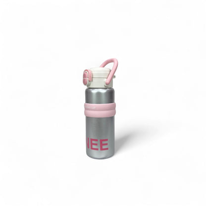 Kids stainless steel water bottle with pink handle and leak-resistant lid, pink accents
