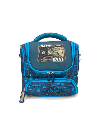 Double-decker lunchbox, blue patterned design with front panel and dual zippers