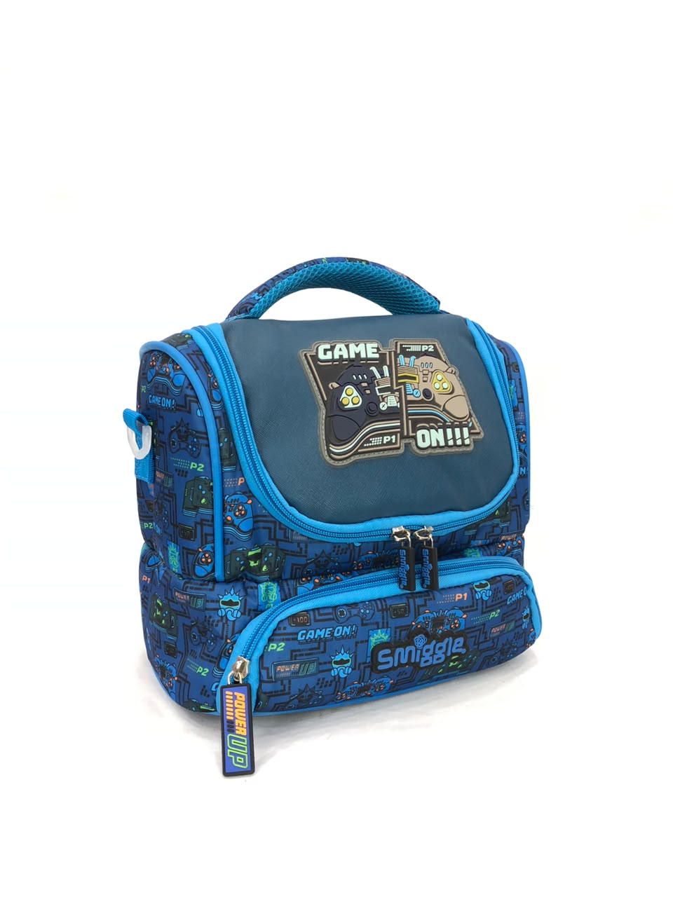 Double-decker lunchbox, blue game graphic front with carry handle and zipper