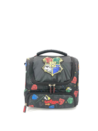 Harry Potter Hogwarts double decker lunchbox with crest emblem, front zip pockets, icons