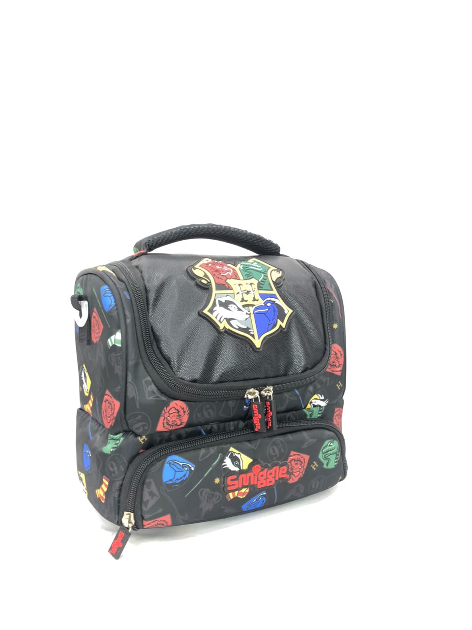 Harry Potter Hogwarts double decker lunchbox with embroidered crest and colorful icons