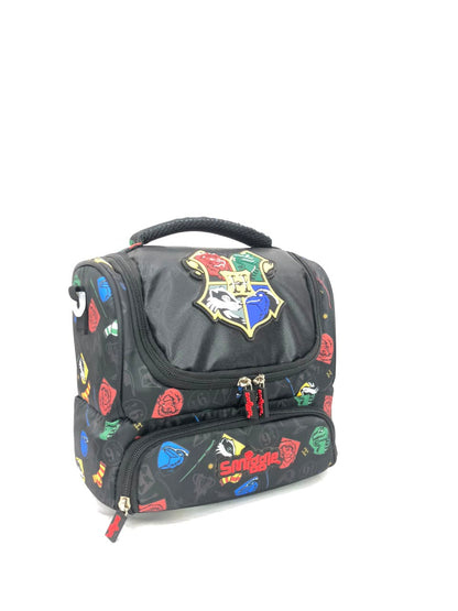 Harry Potter Hogwarts double decker lunchbox with embroidered crest and colorful icons
