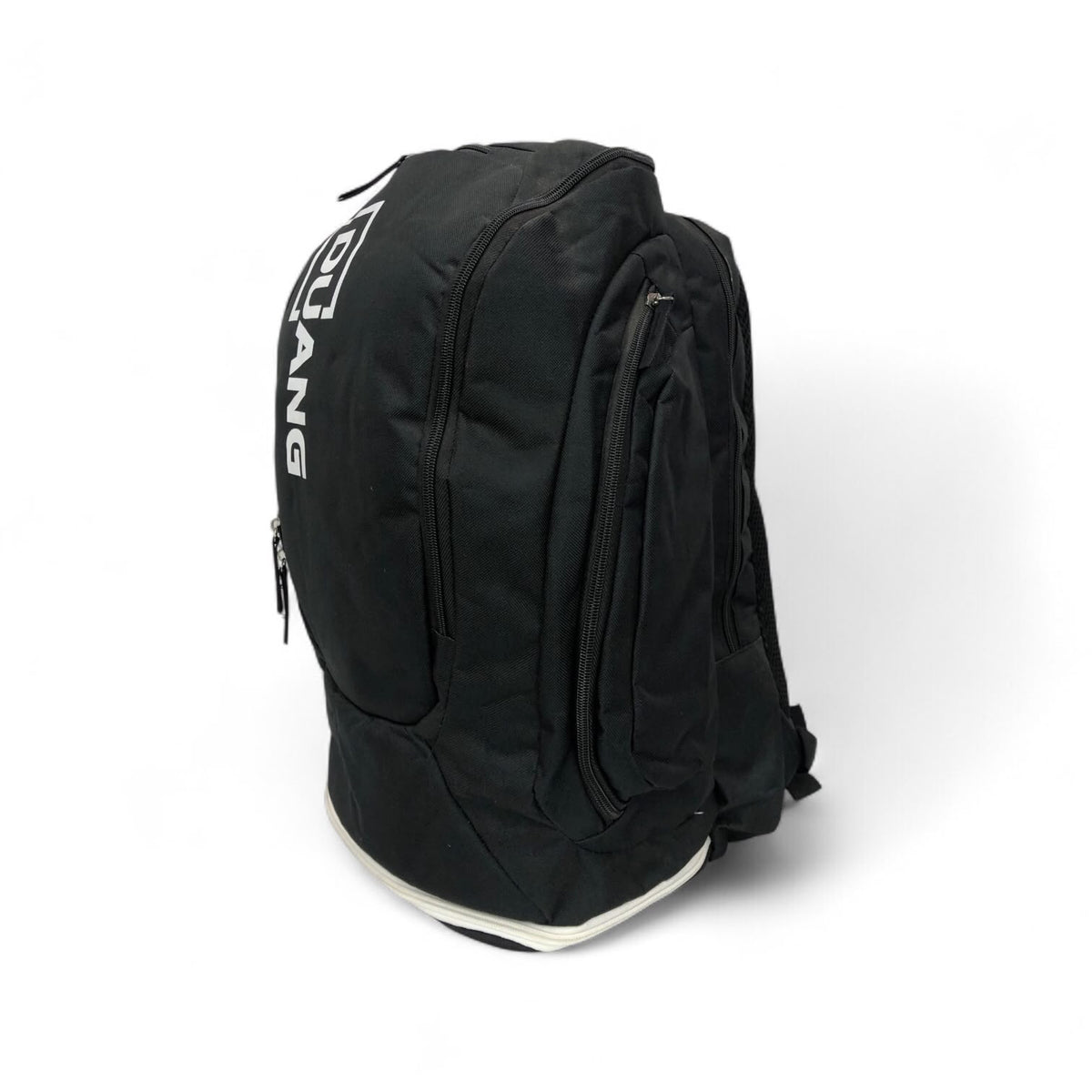 Black DUANG casual sports backpack, side view with multiple zippers and logo