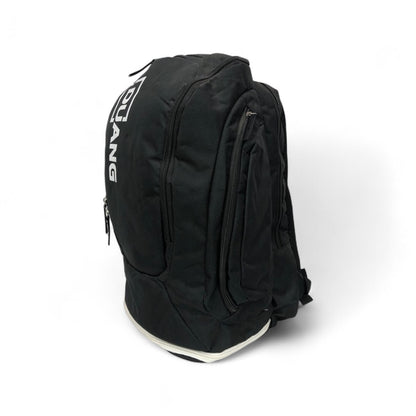 Black DUANG casual sports backpack, side view with multiple zippers and logo
