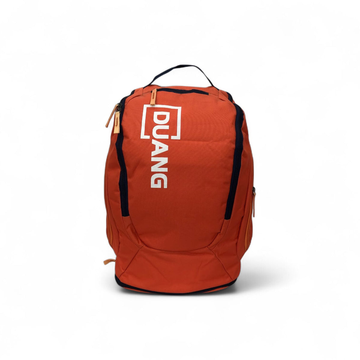 Orange DUANG casual sports backpack, front view with large logo and top handle