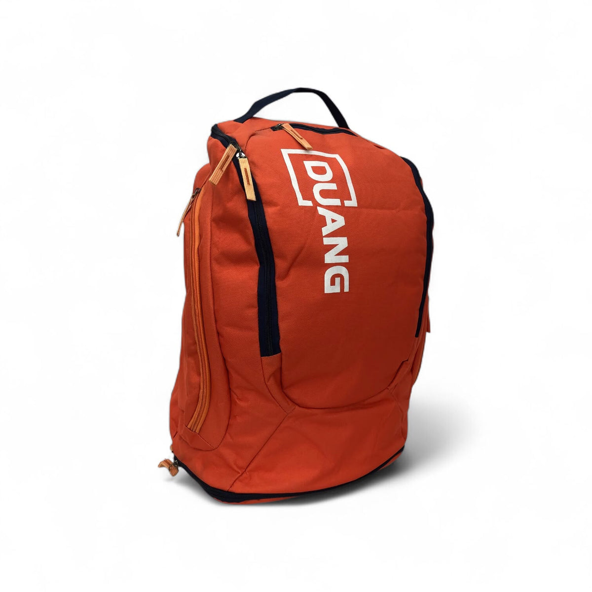 Orange DUANG casual sports backpack, rear view with logo and side zipper pulls