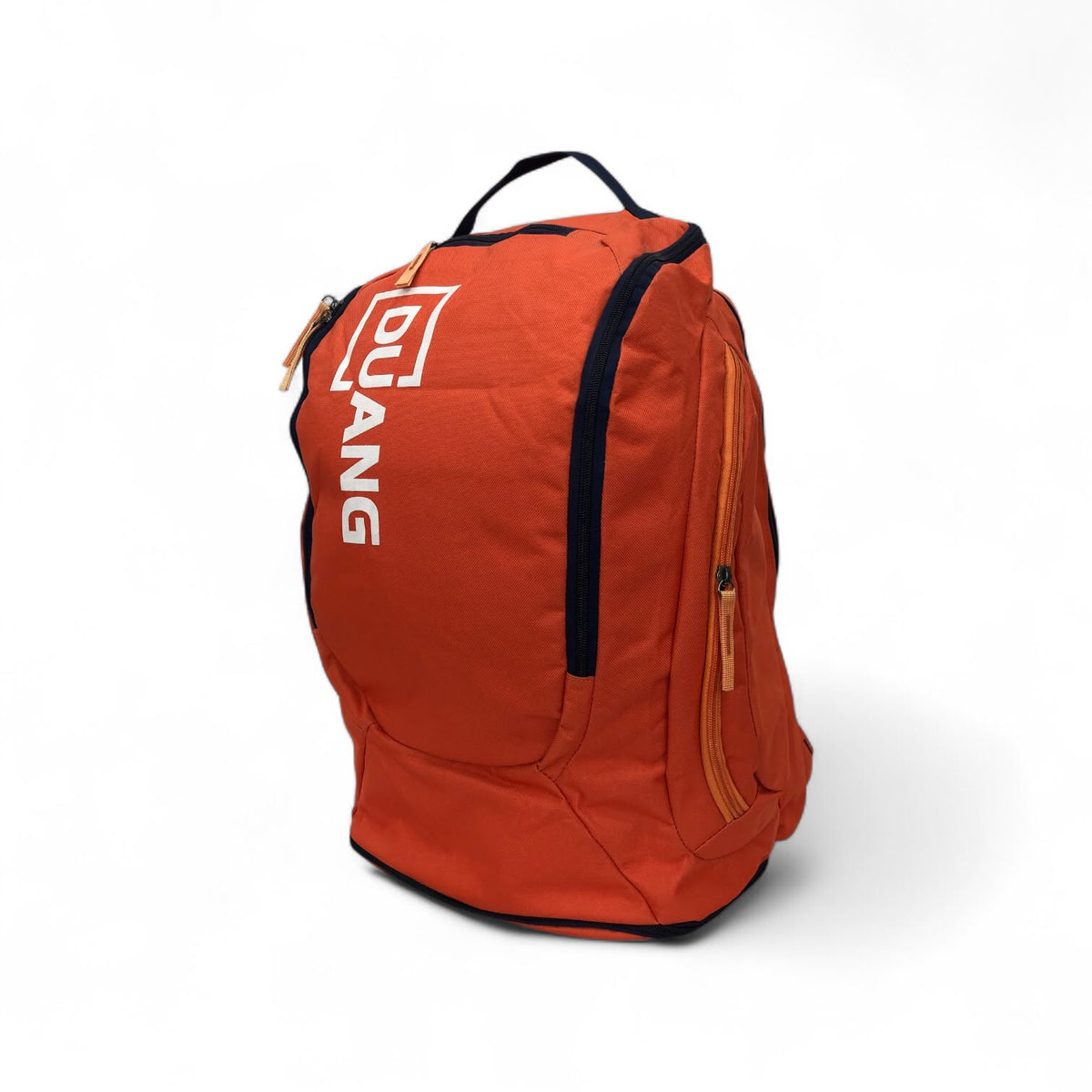 Orange DUANG casual sports backpack, side view with front zip pocket and black trim