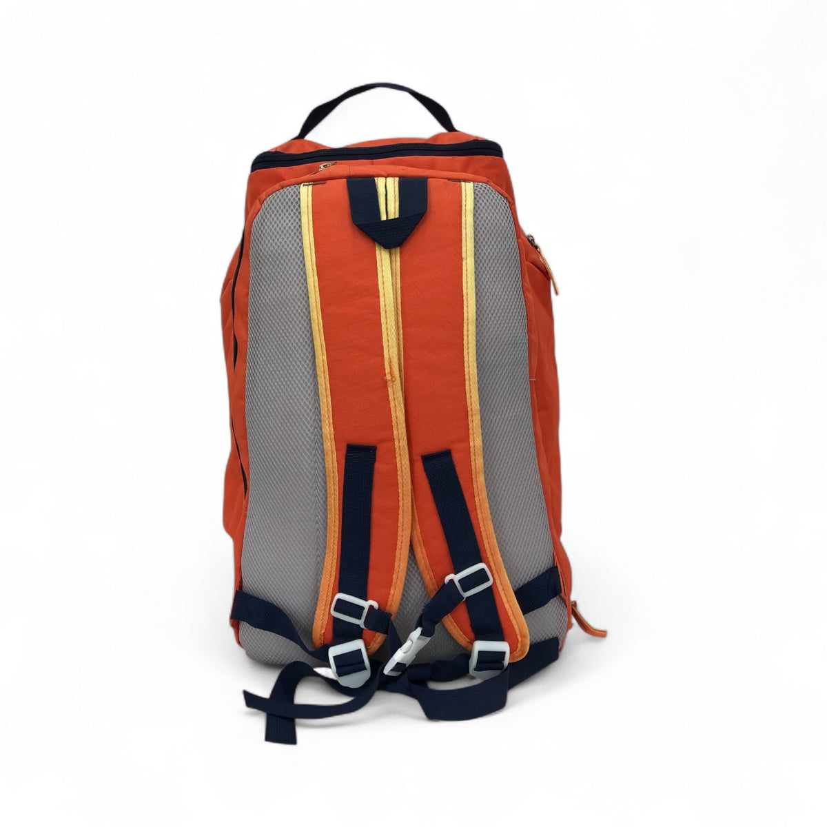 Orange DUANG casual sports backpack, back view with gray panel and padded straps