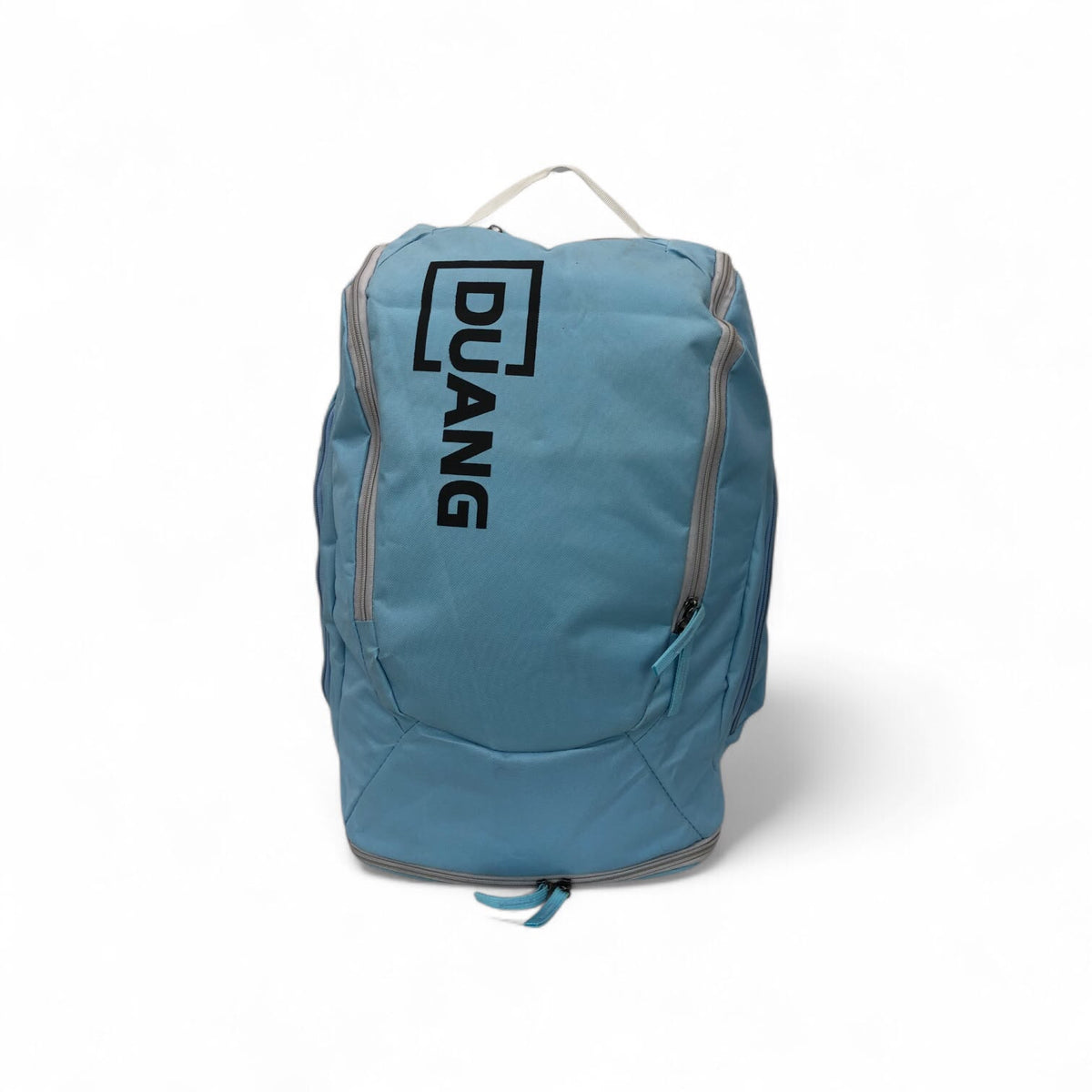 Blue DUANG casual sports backpack, back view with top handle and logo patch