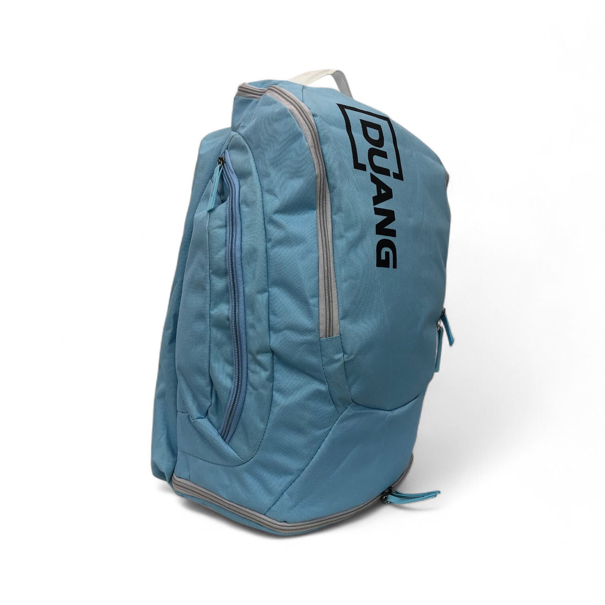 Light blue DUANG casual sports backpack, side view with large front zipper pocket