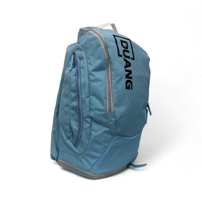Light blue DUANG casual sports backpack, side view with large front zipper pocket