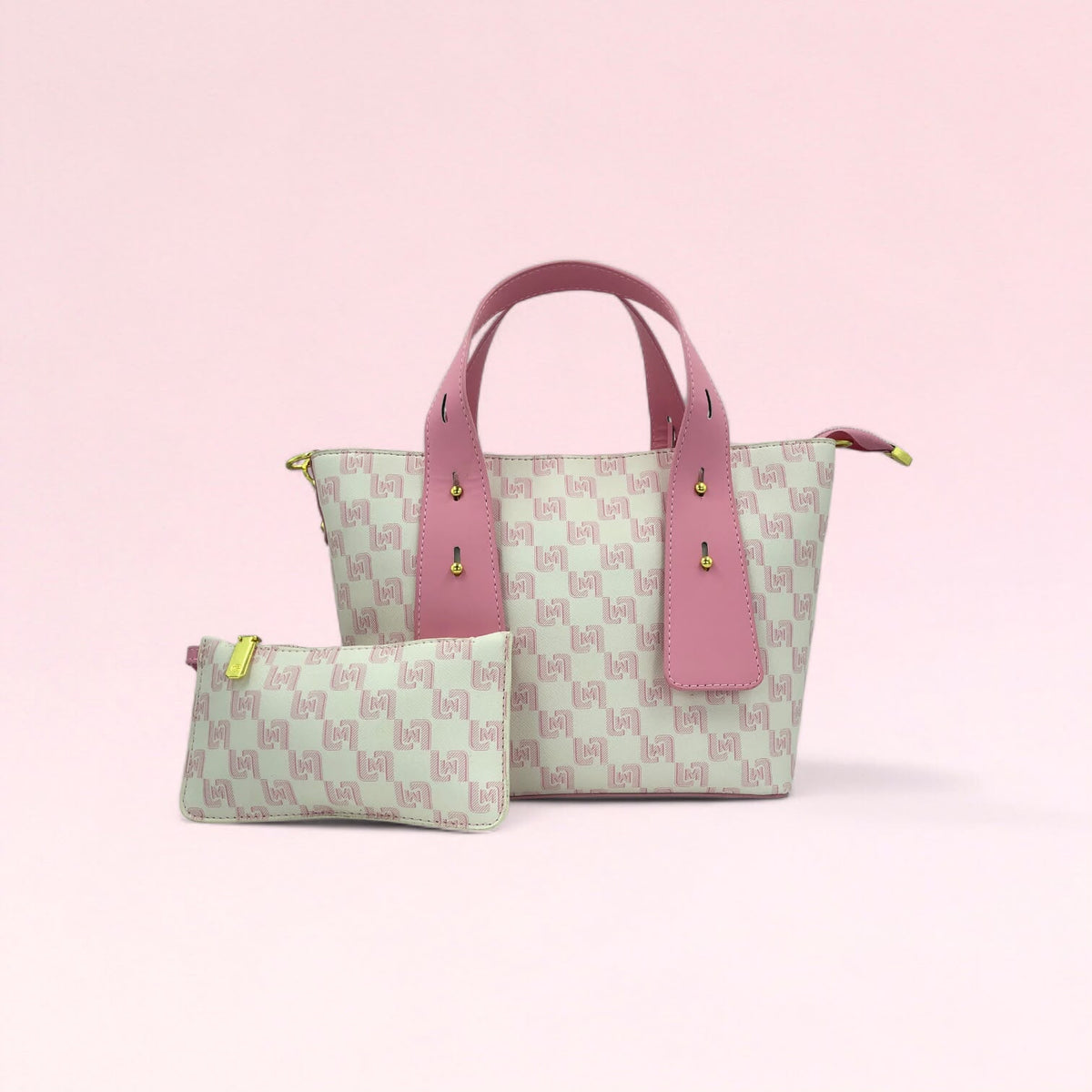 Light gray geometric monogram tote bag with matching pouch and pink handles