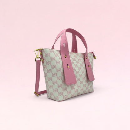 Pink geometric monogram tote bag with matching pouch and crossbody strap