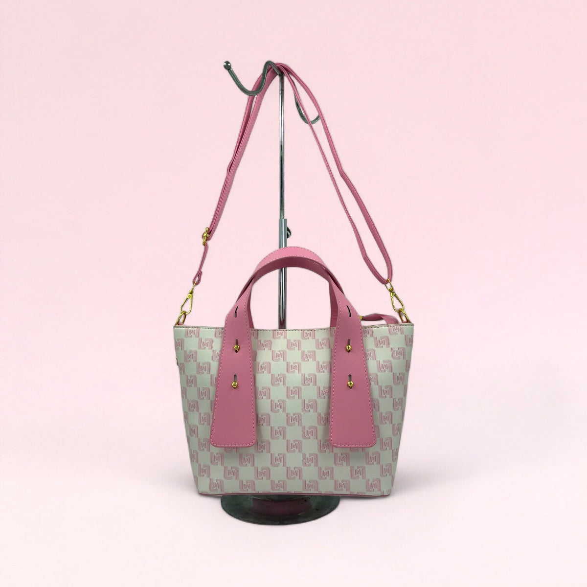 Light gray and pink geometric monogram tote bag with matching pouch