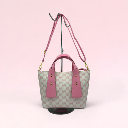 Light gray and pink geometric monogram tote bag with matching pouch