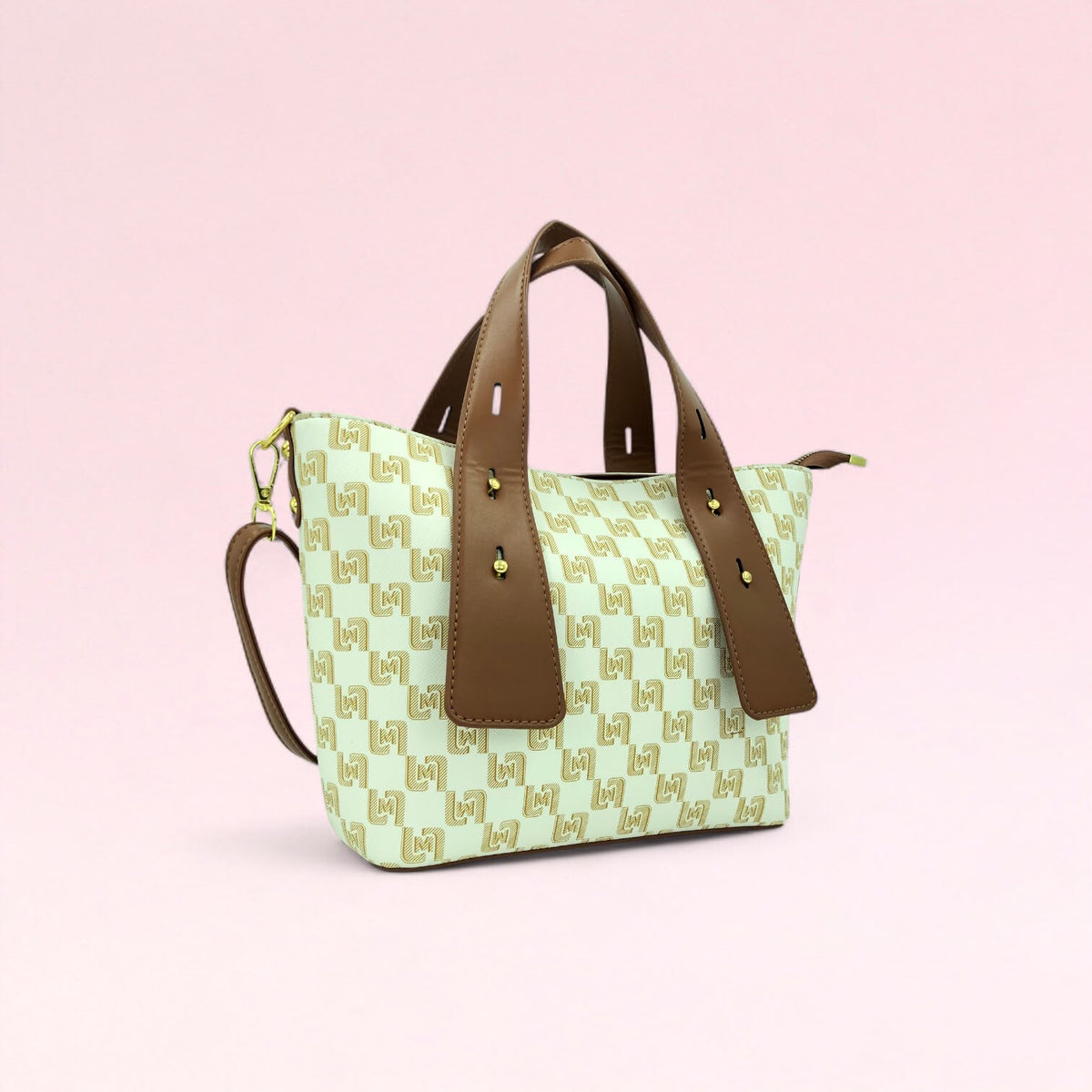 Mint green geometric monogram tote bag with matching pouch and side handles