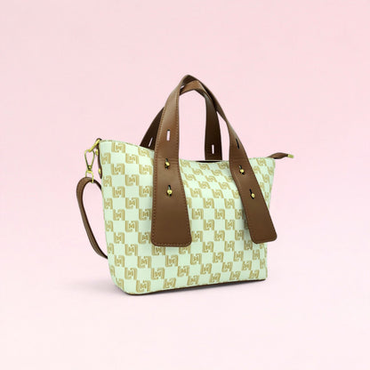 Mint green geometric monogram tote bag with matching pouch and side handles