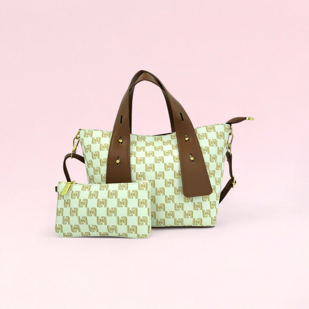 Mint green geometric monogram tote bag with matching pouch in brown trim