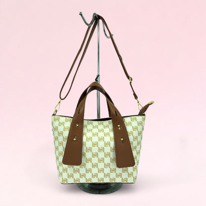 Mint green geometric monogram tote bag with matching pouch and long strap