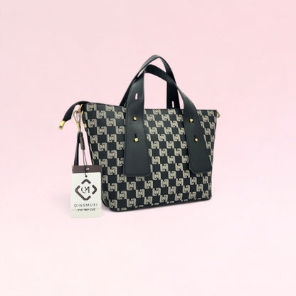 Geometric monogram tote bag with matching pouch and front charm tag