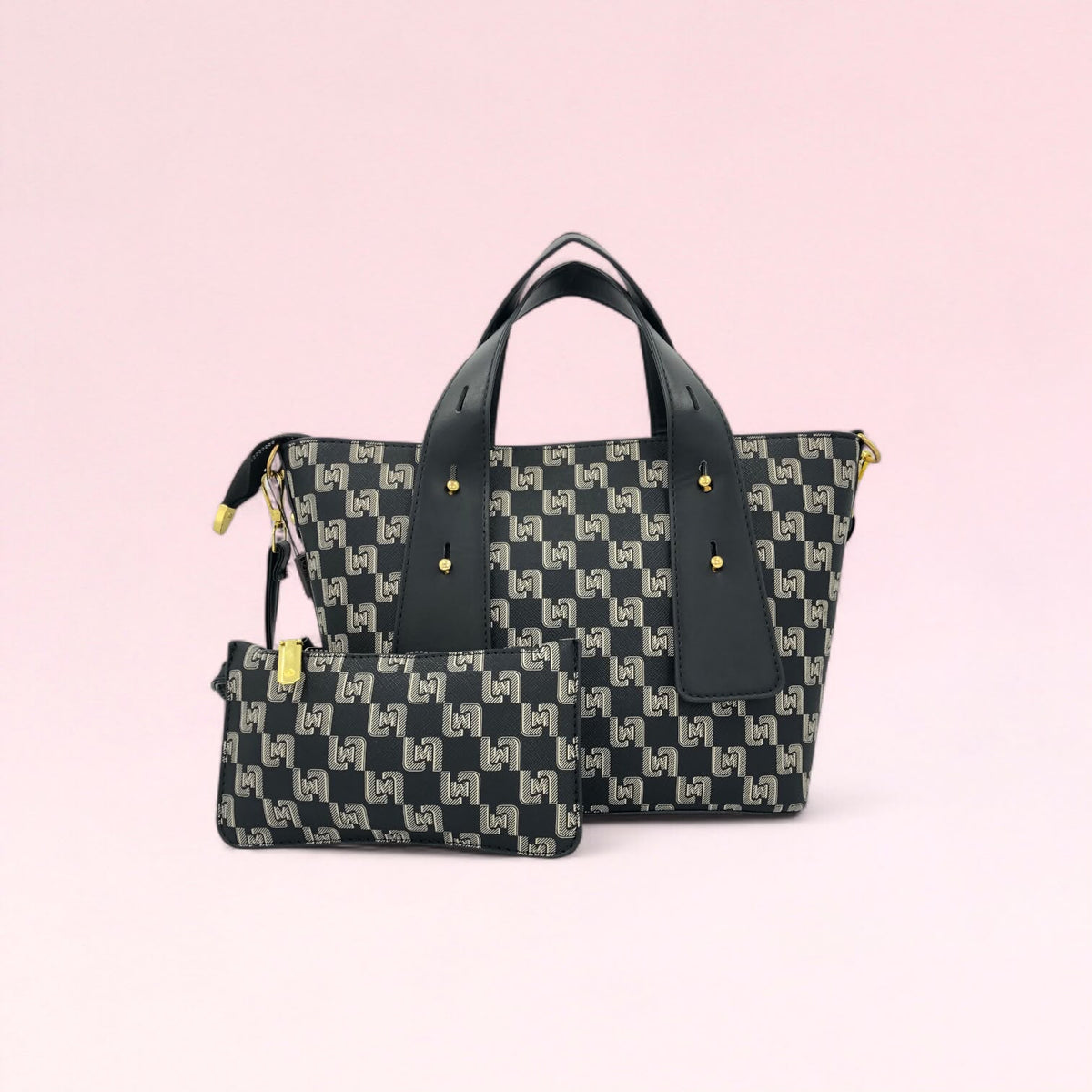 Dark geometric monogram tote bag with front pocket and matching pouch