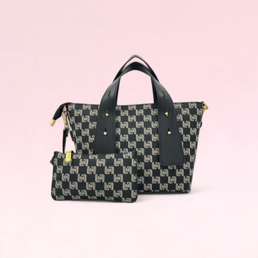 Dark geometric monogram tote bag with front pocket and matching pouch