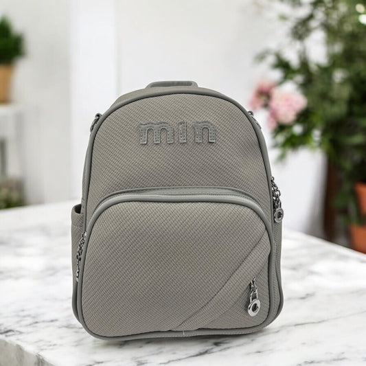 Textured Casual Backpack with Front Pocket & Embroidered Logo - Grey