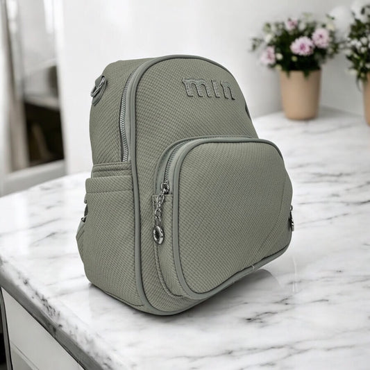 Textured Casual Backpack with Front Pocket & Embroidered Logo - Grey