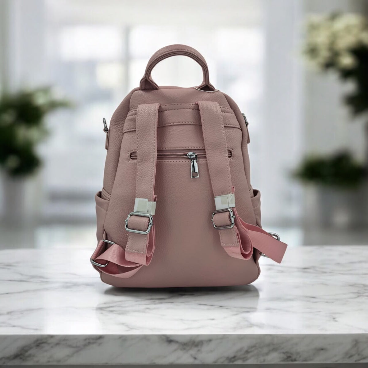 Pebbled Faux Leather Casual Backpack with Vertical Front Zipper Pocket - Dusty Rose