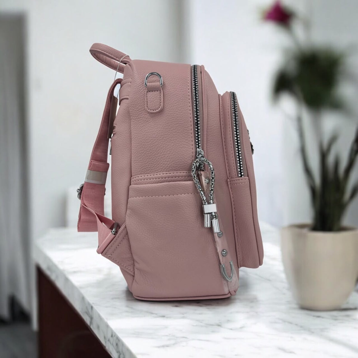Pebbled Faux Leather Casual Backpack with Vertical Front Zipper Pocket - Dusty Rose