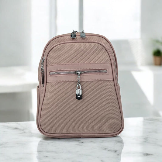 Textured Faux Leather Casual Backpack with Front Zipper Pocket & Lock Charm - Dusty Rose