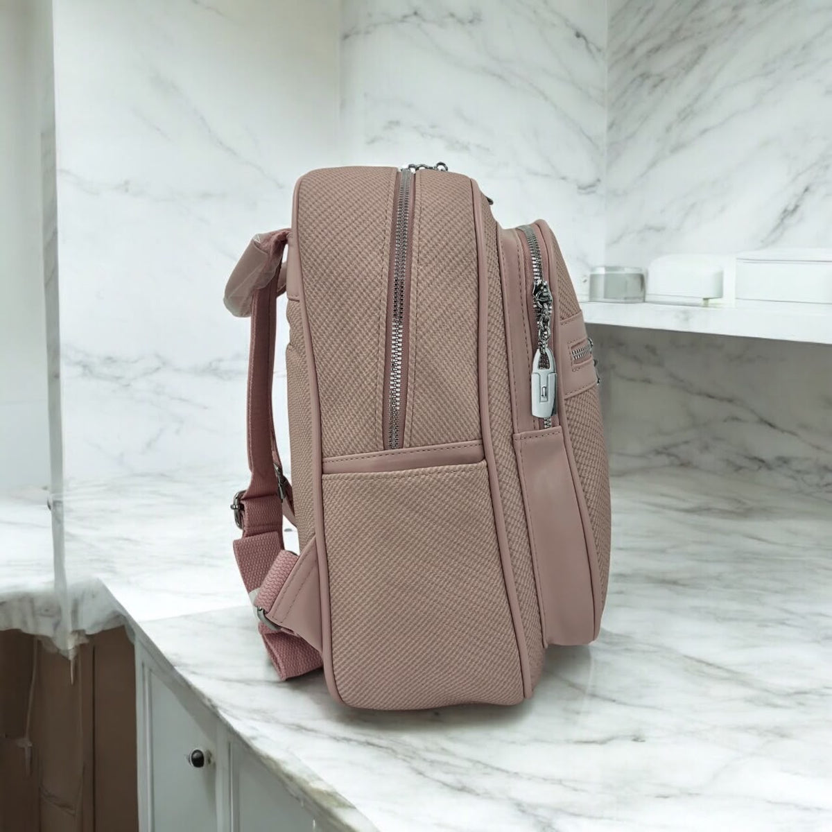 Textured Faux Leather Casual Backpack with Front Zipper Pocket & Lock Charm - Dusty Rose