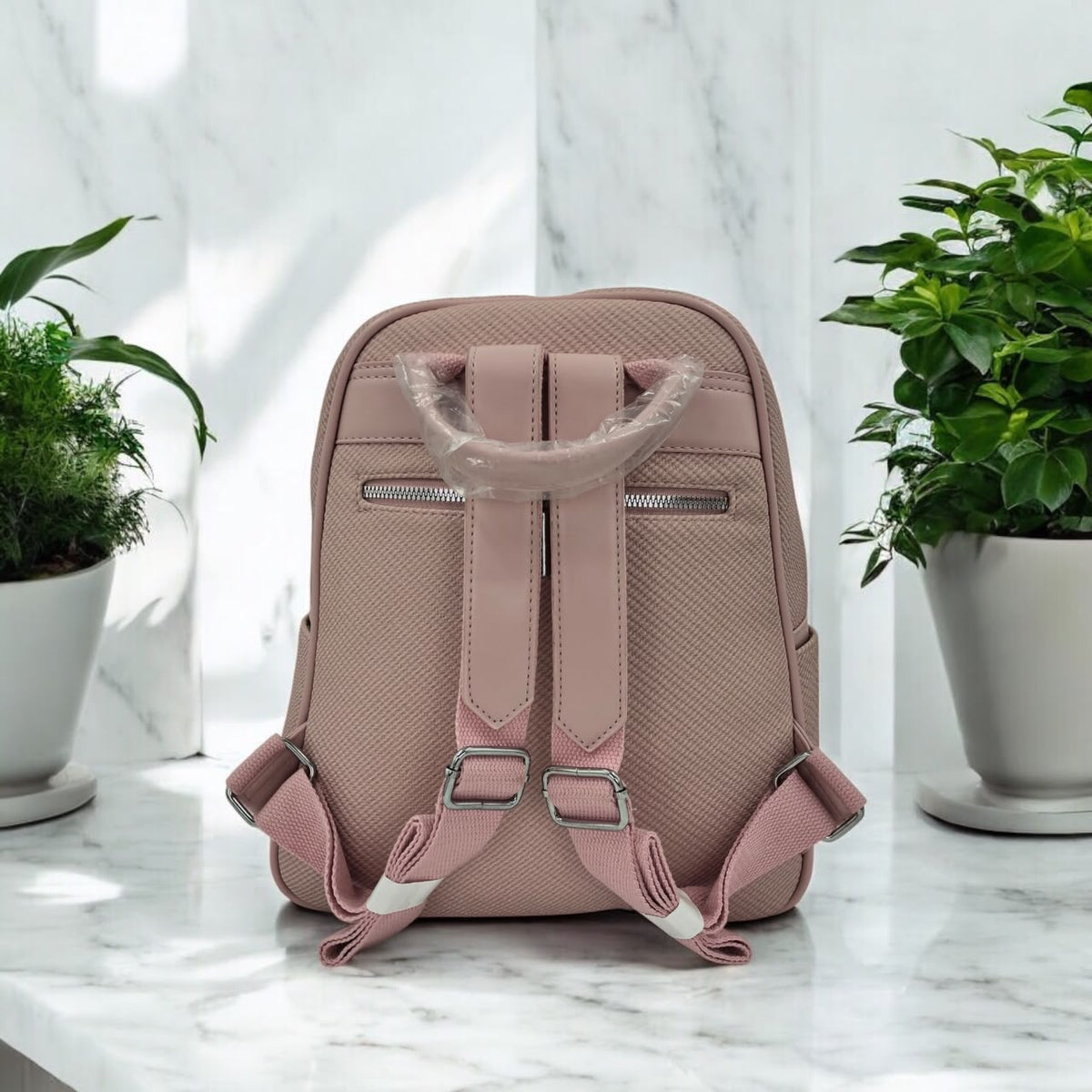 Textured Faux Leather Casual Backpack with Front Zipper Pocket & Lock Charm - Dusty Rose
