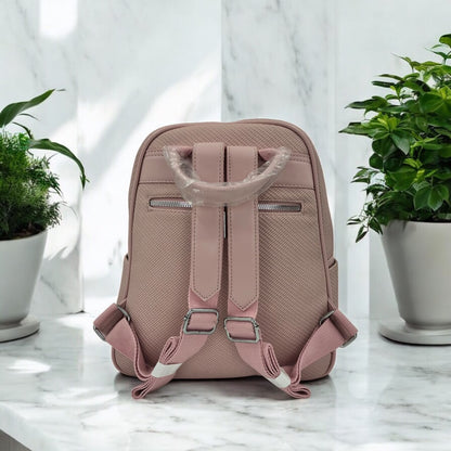 Dusty rose textured faux leather mini backpack, front zipper pocket, lock charm