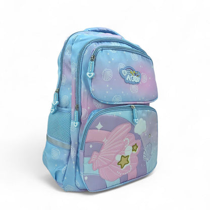 Pastel seashell backpack with front pocket, blue and pink butterfly graphic, two zippers