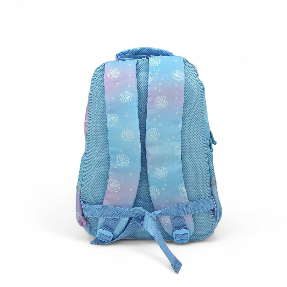 Pastel seashell school backpack, blue with shell pattern and padded adjustable straps