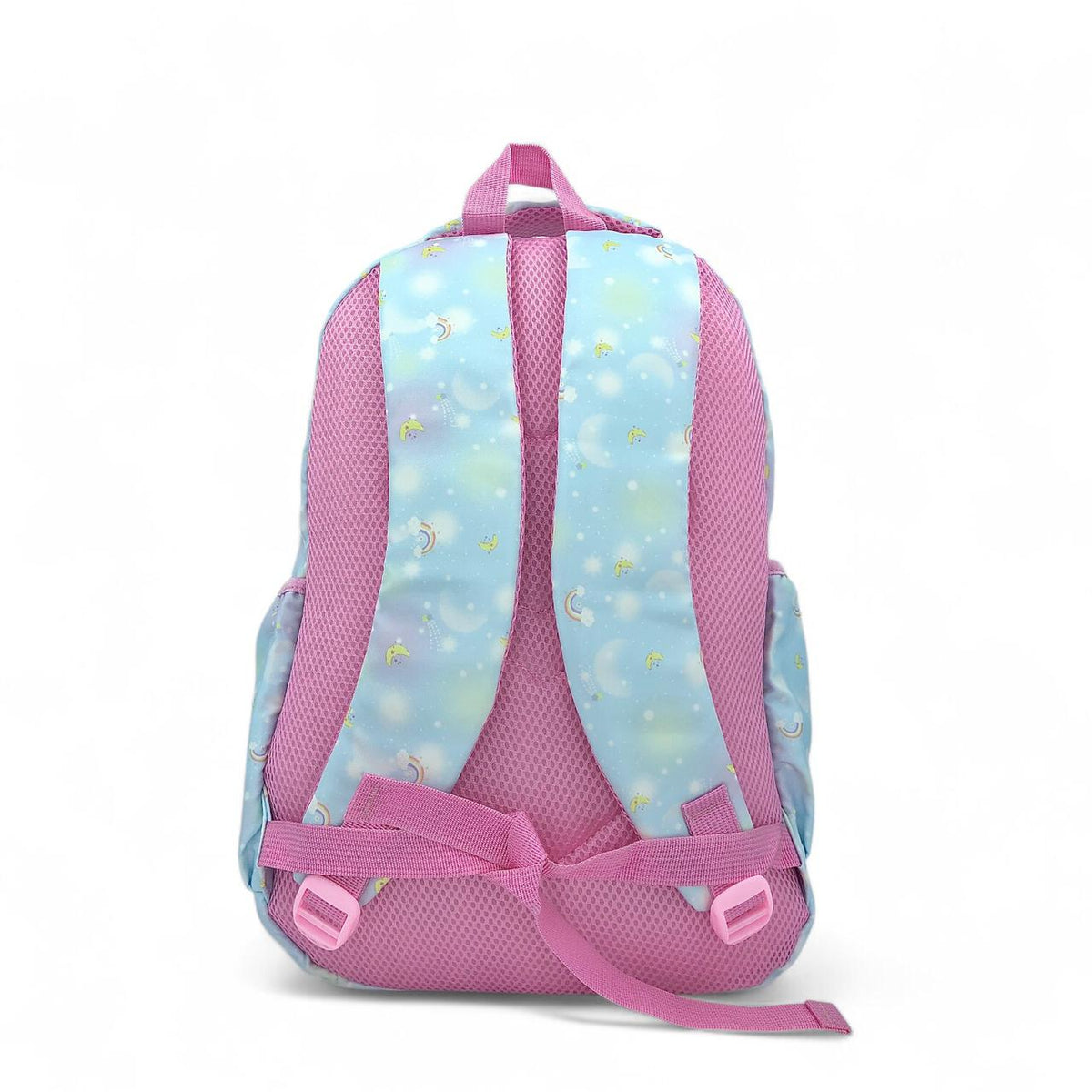 Sky-blue backpack with pink mesh shoulder straps and adjustable buckles