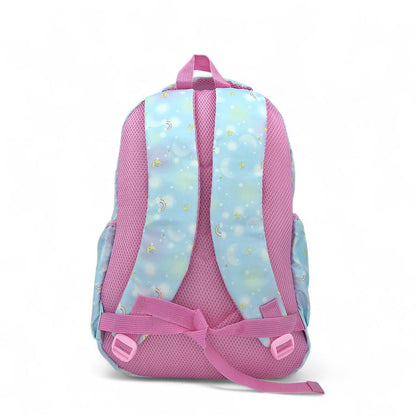 Sky-blue backpack with pink mesh shoulder straps and adjustable buckles