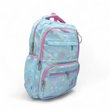 Pastel sky-blue backpack with pink trim, two front zip compartments, side zipper
