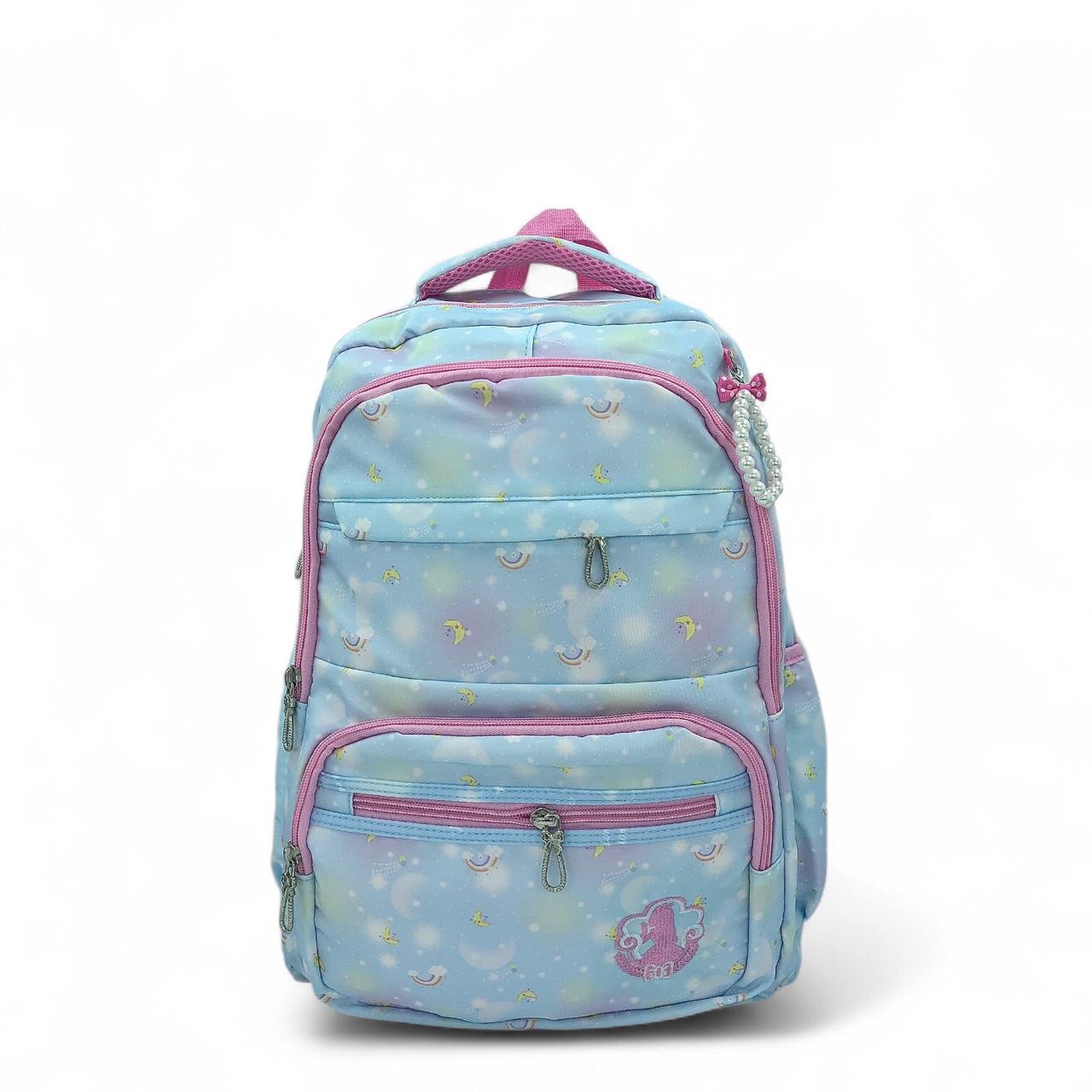 Pastel sky-blue school backpack with rainbow and stars, front zip pockets
