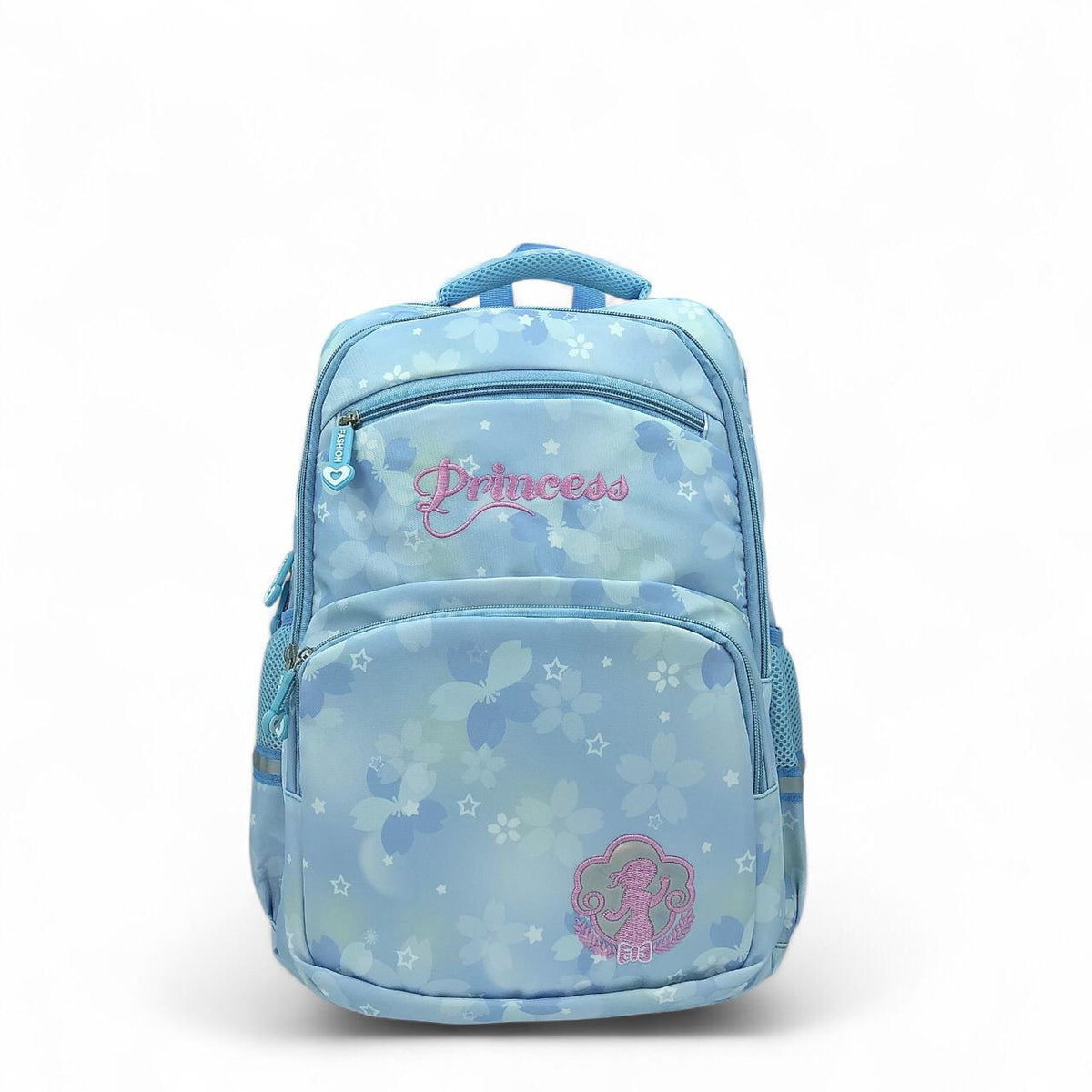 Light blue floral-print backpack with front zipper pockets and 'Princess' logo