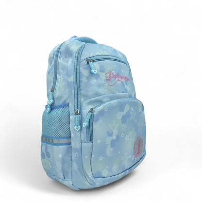 Light blue floral-print backpack with front zipper pocket and 'Princess' emblem