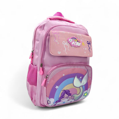 Pink 16-inch school backpack with mermaid tail illustration and front flap pocket