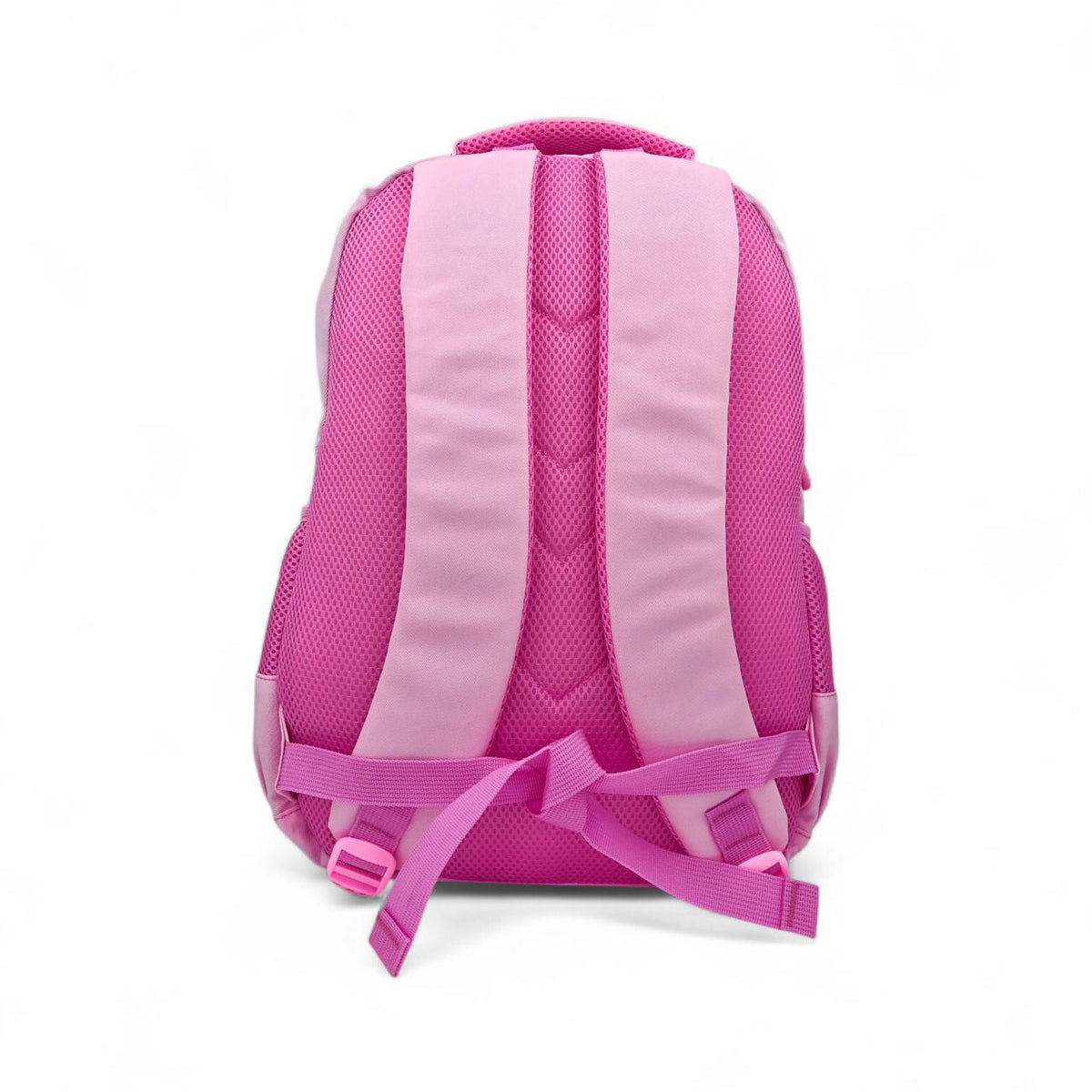 Pink and light purple backpack back panel with padded straps and mesh side pockets
