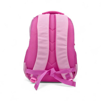 Pink and light purple backpack back panel with padded straps and mesh side pockets