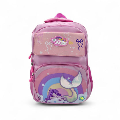 Pink 16-inch school backpack with mermaid and rainbow graphic, front zip pockets